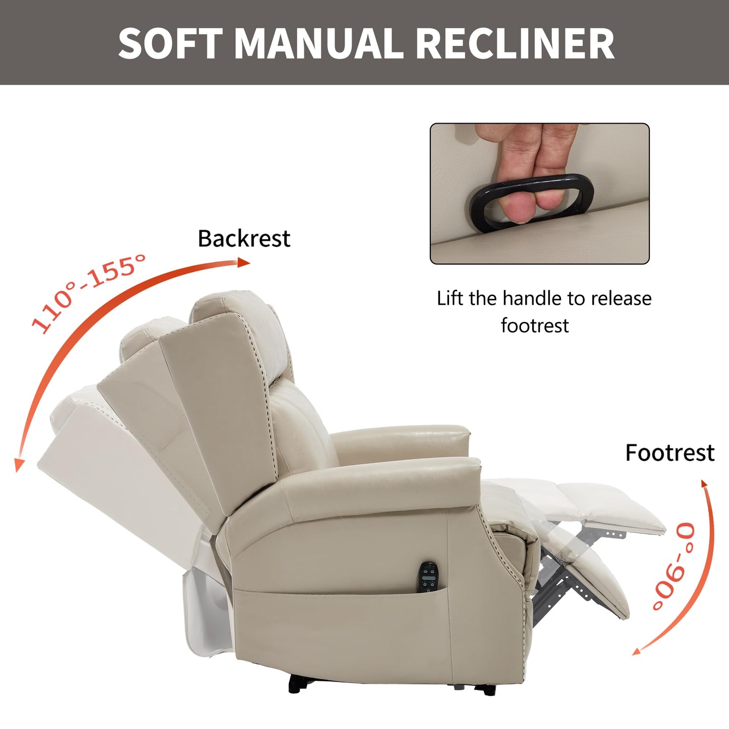 KEIKI Mid Century Modern Oversized Recliner Accent Chair for Adults, Manual Leather Recliner Chair with Back Massager and Heating for Living Room, Rocking Chair for Old Money Living Room Decor, Beige