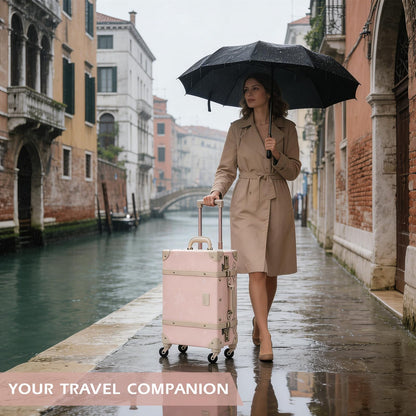 UNIWALKER Vintage Leather Suitcase Set of 2, Retro Trunk Style Spinner Luggage with Cosmetic Train Bag for Women(Velvet Pink, 26''+12'')