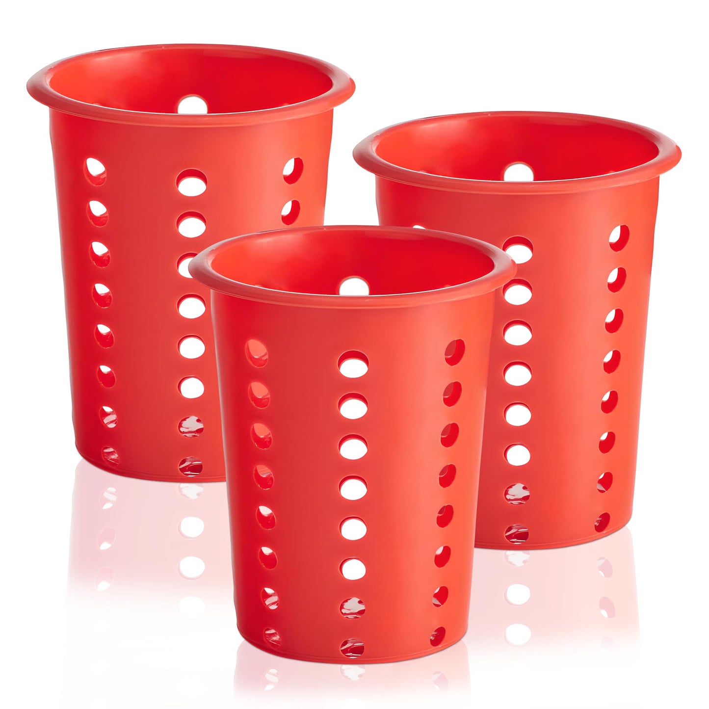 OCS Parts Perforated Utensil Drying Cups | Red | Set of 3 | Plastic Flatware Holder Cylinders for Kitchen Counter Organization