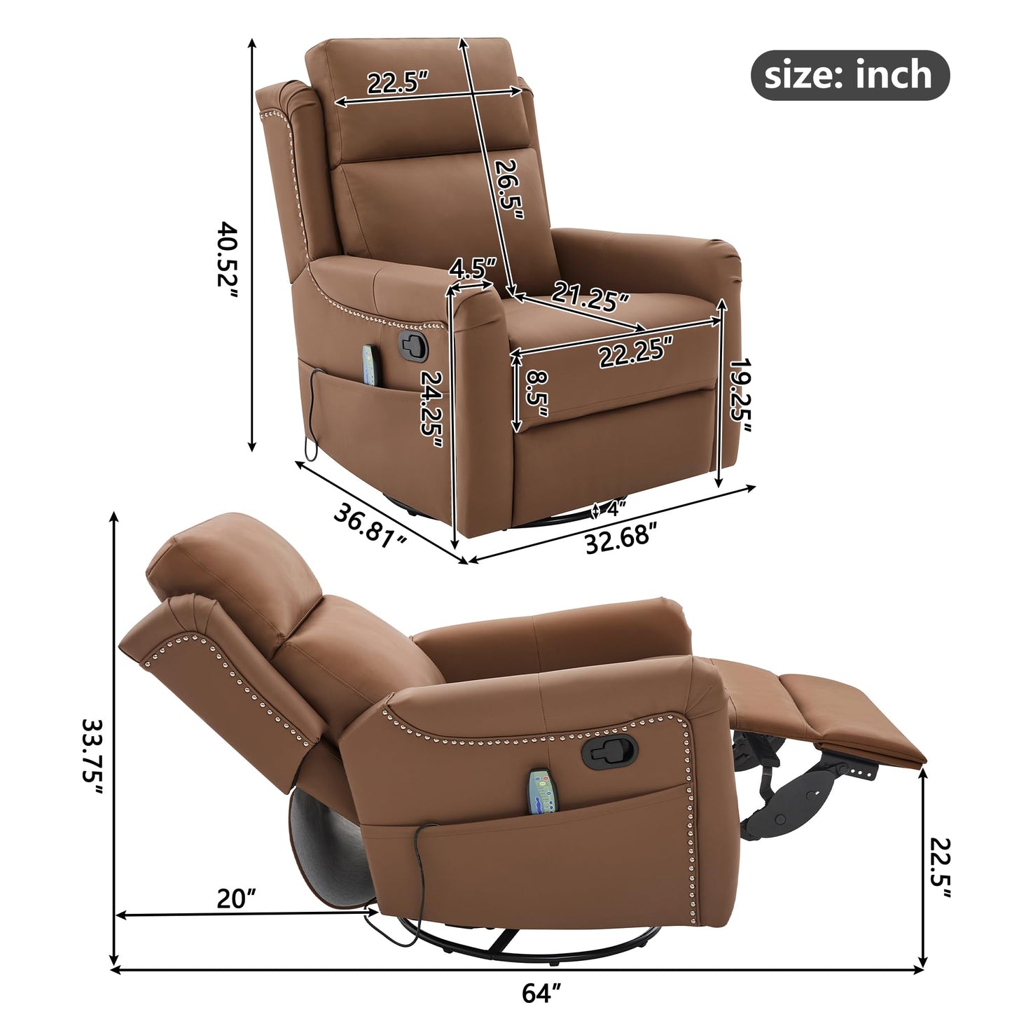 Christopher Knight Home Bailey American Massage Chair Recliner, Manual Swivel Rocker Recliner Chair with Massage and Heat, PU Leather Recliner Chair for Adults, Easy Move Design for Home Office, Brown