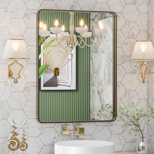 LOAAO Bronze Bathroom Mirror - 22”x30” Rounded Rectangle with Anti-Rust Brushed Metal Frame | Versatile Hanging Options