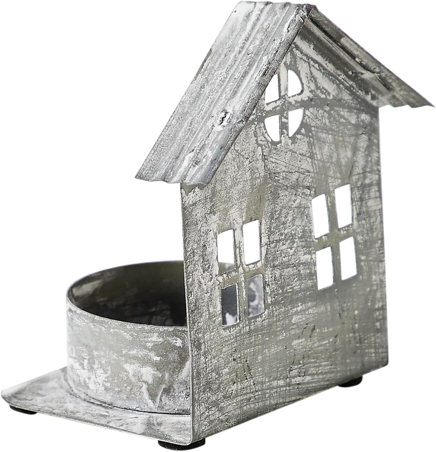 Metal Village House Tealight Holder by [Brand Name] - Antique Grey, 3.25x2.75x2 Inches