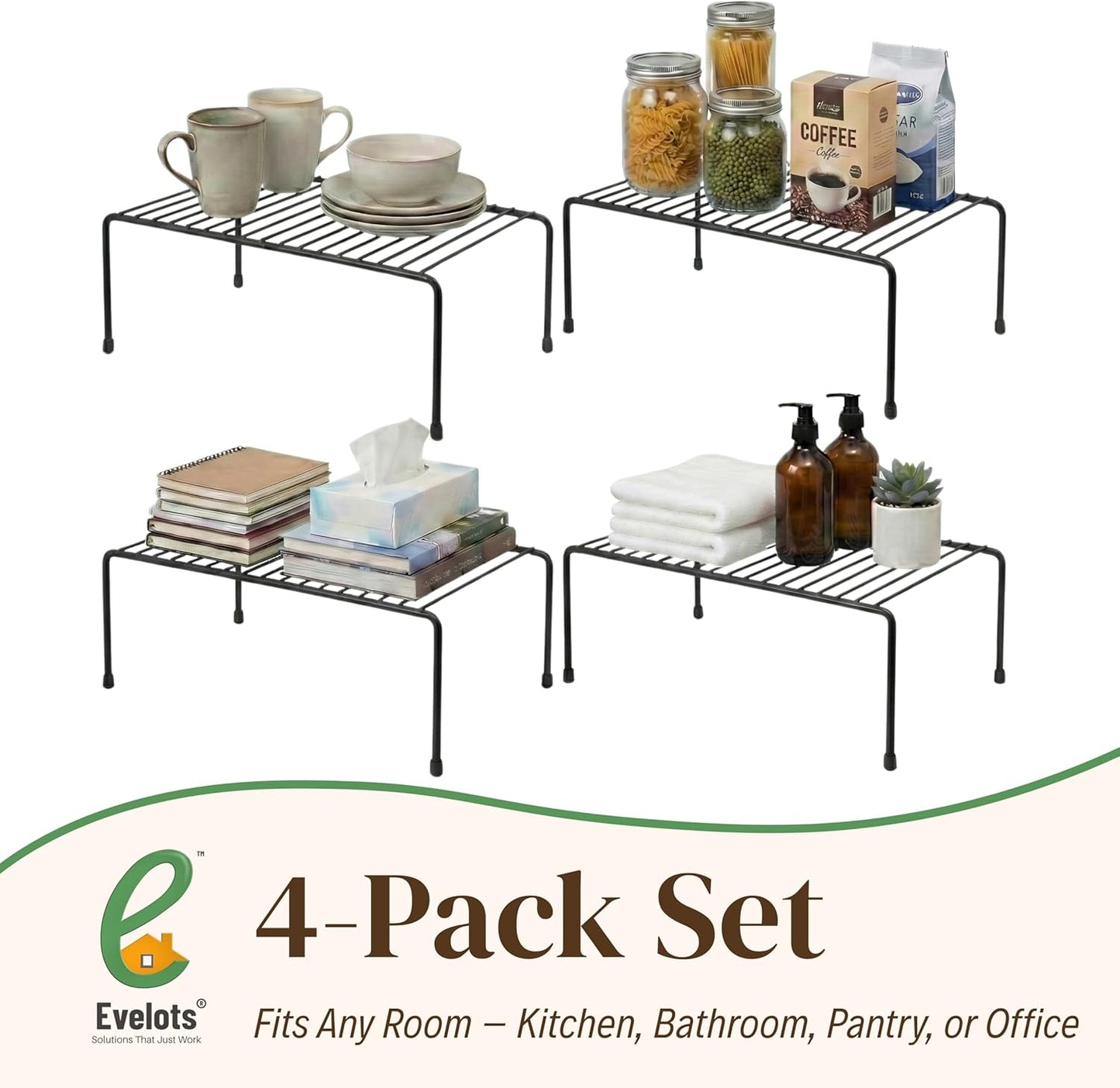 4 Pack Counter Evelots Kitchen Cabinet Wire Shelf Organizer/Rack - Sturdy Metal Shelf Risers - Double Your Space