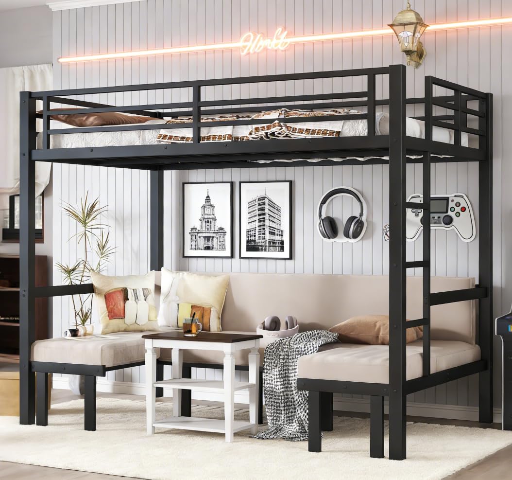 Bellemave Full Over Full Futon bunk Bed, Lower bunk can be Pulled Out in Three Sections, Loft Bed with Sofa for Teens, Adults, Bedroom, Black(Excluding Cushions and mattresses)