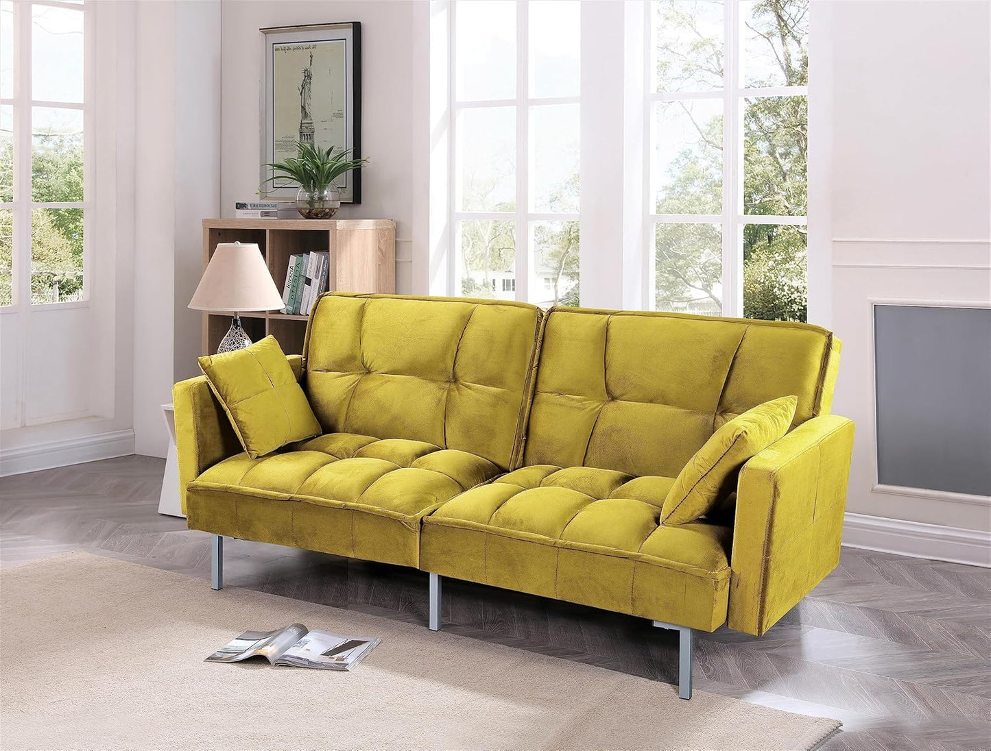 Container Furniture Direct Regal 75.6" Velvet Convertible Sofa Bed - Mid-Century Sleeper Couch w/Tufted Design & Metal Legs - Pull-Out Futon for Guests/Home (75.6"W x 34.6"D x 32"H), Greenish Yellow