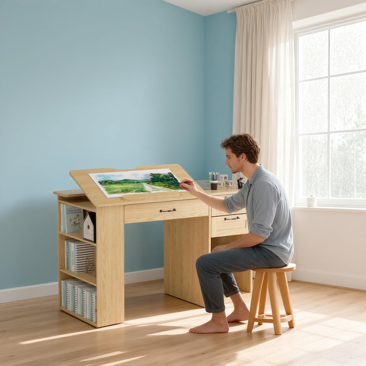 GatherHome Drafting Table with Storage Cabinet & Drawers, Adjustable Drawing Table with Open Shelves, Craft Art Desk for Artists, Painters, Drawing, Crafting, Reading, Writing, Working