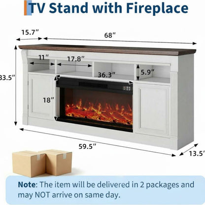 GarveeLife 68" Fireplace TV Stand for TVs Up to 75", Entertainment Center with 36'' Corded Electric Fireplace, Remote Controlled Realistic 3D Flame, Console Table with Storage Shelves, White & Brown
