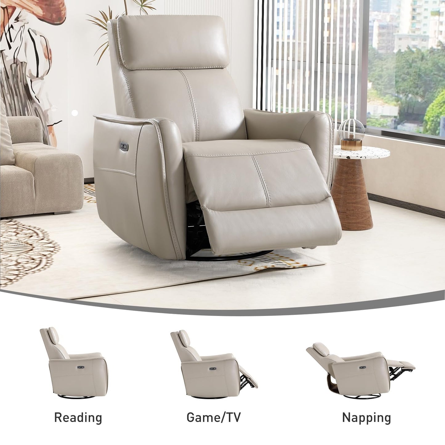 Bonzy Home Power Swivel Rocker Recliner Chair with USB Port, Wide Seat, Head & Lumbar Support, Upholstered Glider Chair for Living Room, Nursery, Silver