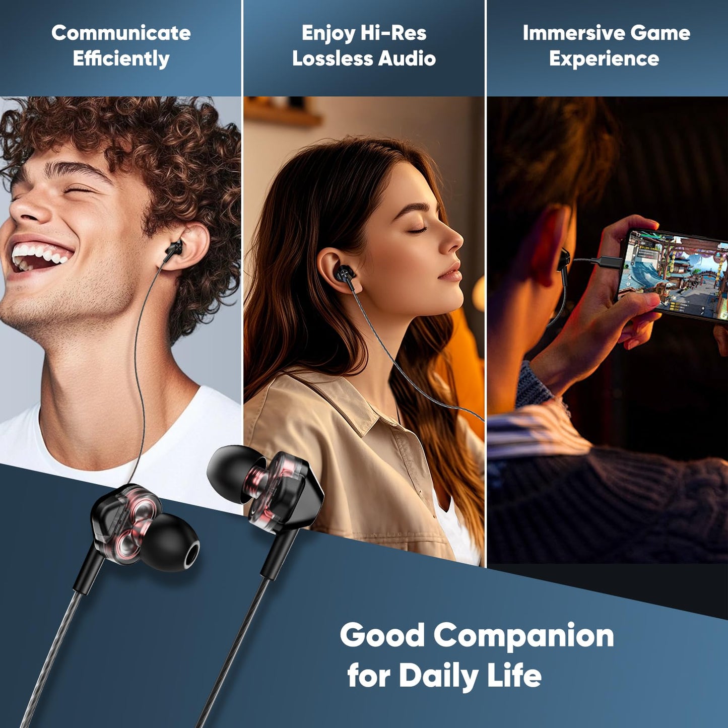 USB-C Wired in-Ear Earbuds, Dual Driver Hi-Fi Headphones with Mic, Noise Isolating Fit, Deep Bass, 5 ft Long Tangle-Free Cable, for iPhone 17 16 15/Android/Samsung Phone, Laptop