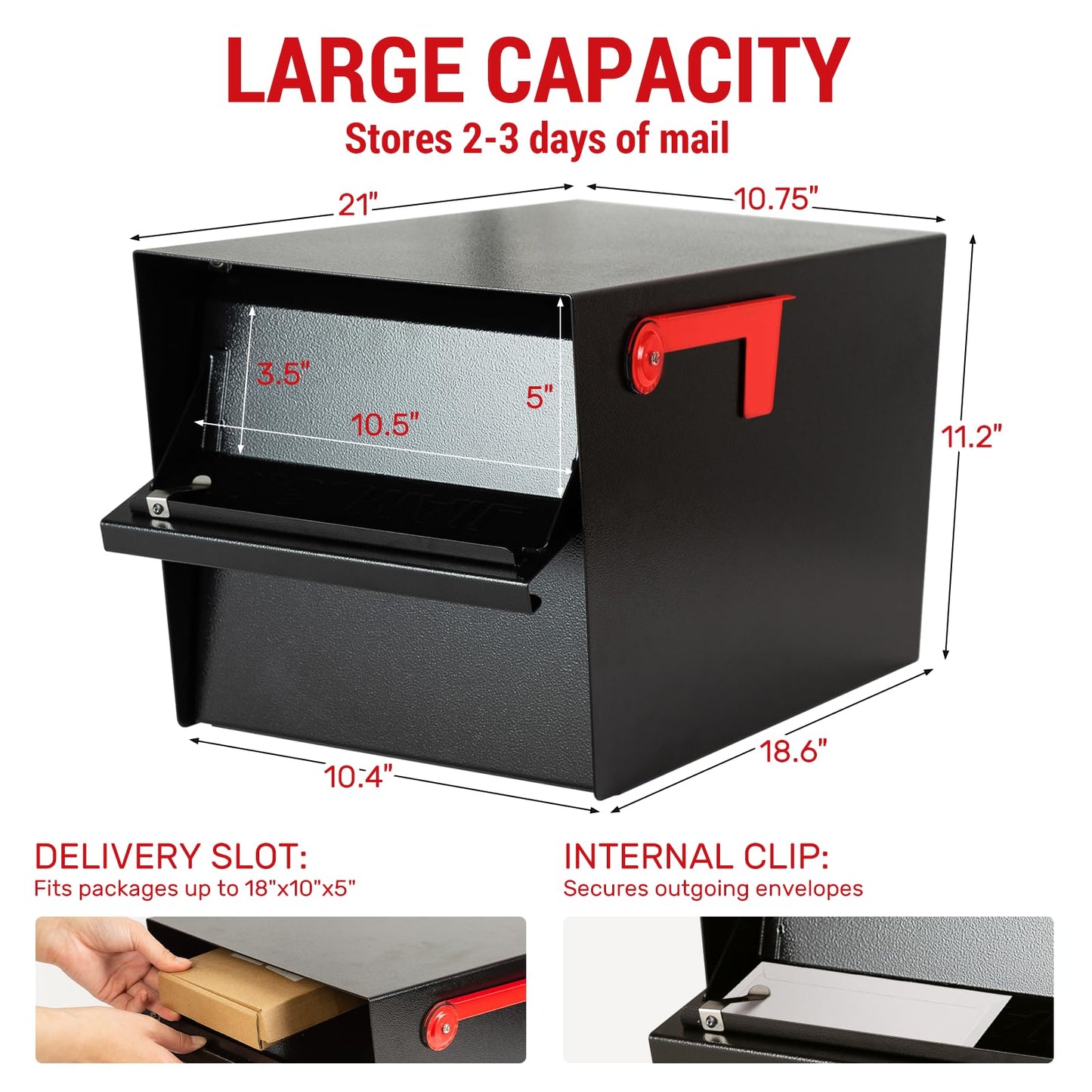 Large Locking Mailbox for Outside, RAINHOL All-Metal Modern Security Mailbox with 2 Keys, 21" x 11.2" x 10.5", Black
