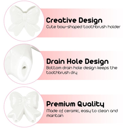 Biiange Cute Toothbrush Holder, Ceramic Bow Toothbrush Holder, with Drain Hole Bathroom Countertop Accessories, for Bathroom Canister Storage Organization, Vanity Makeup Organizer (White)