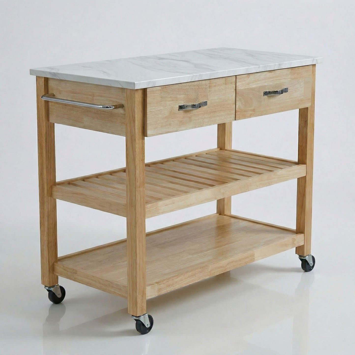 Casaphoria Amanda Collection Solid Wood Kitchen Island, 42" Butcher Block Cart with Cultured Marble Top & Locable Wheels, Prep Table for Small Spaces (Natural)