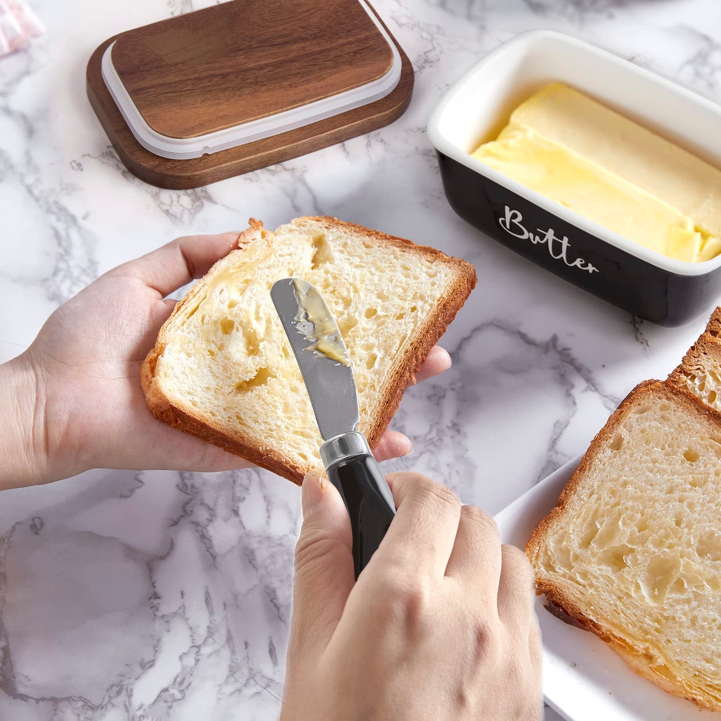 ALELION Black Butter Dish with Lid and Knife for Countertop - Airtight Ceramic Butter Keeper Container with Thick Acacia Wood Lid for Counter or Fridge - for Farmhouse Kitchen Decor and Accessories