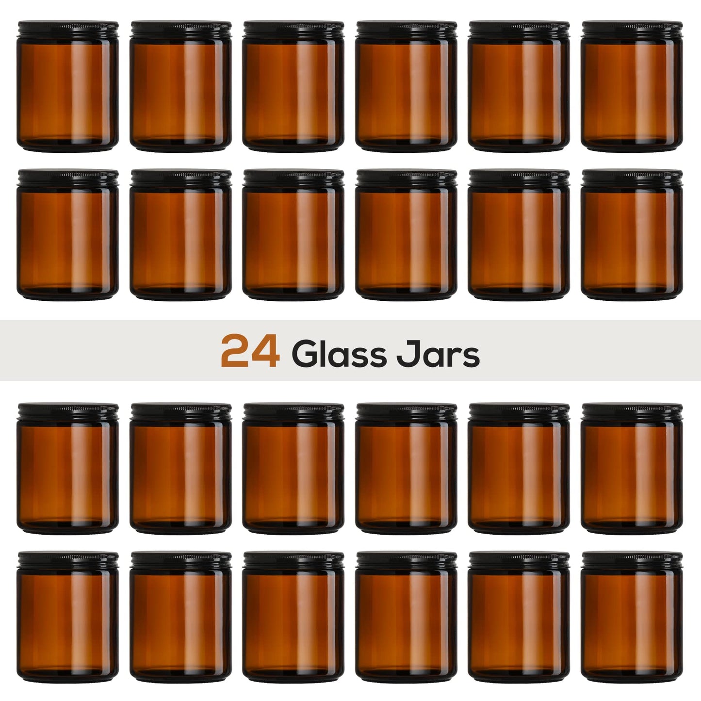24 Pack 8oz Amber Glass Jars with Black Lids - For Candle Making, Food Storage, Canning, Spices, Liquids - Leakproof & Dishwasher Safe