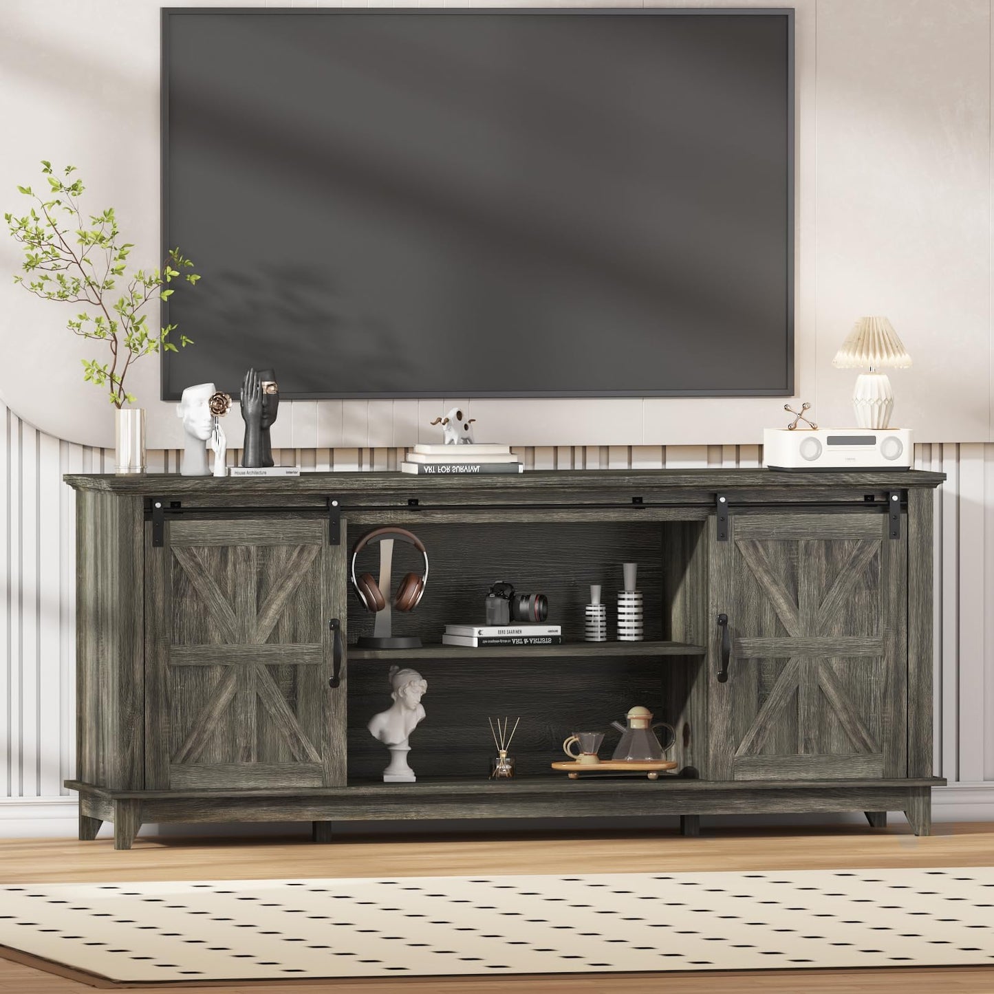 GarveeLife 66 in Farmhouse Sideboard Buffet Cabinet with Power Outlets, Entertainment Center with Sliding Barn Door & Large Storage Cabinets w/Adjustable Shelf, 28 in Tall TV Media Console, Dark Grey