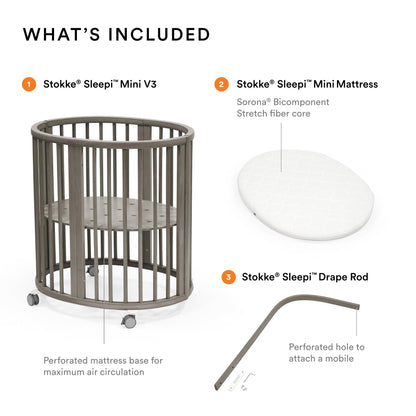 Stokke Sleepi Mini Bundle V3, Hazy Grey - Includes Sleepi Mini V3, Mattress & Drape Rod - Suitable for Ages 0-5 Years Old - Adjustable & Stylish