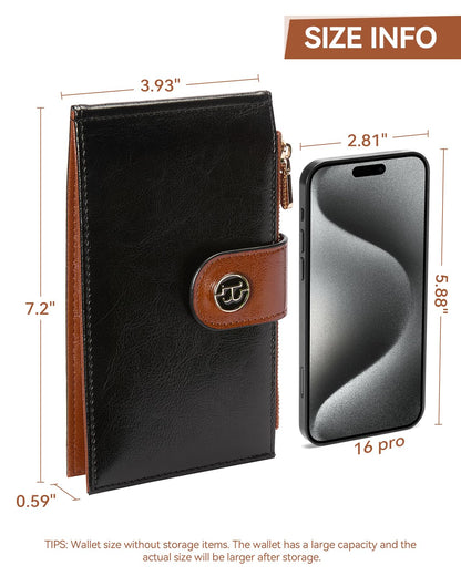 BOSTANTEN Leather Wallets for Women Large RFID Blocking Slim Bifold Purse Card Holder with Zipper Pocket Black＆Brown