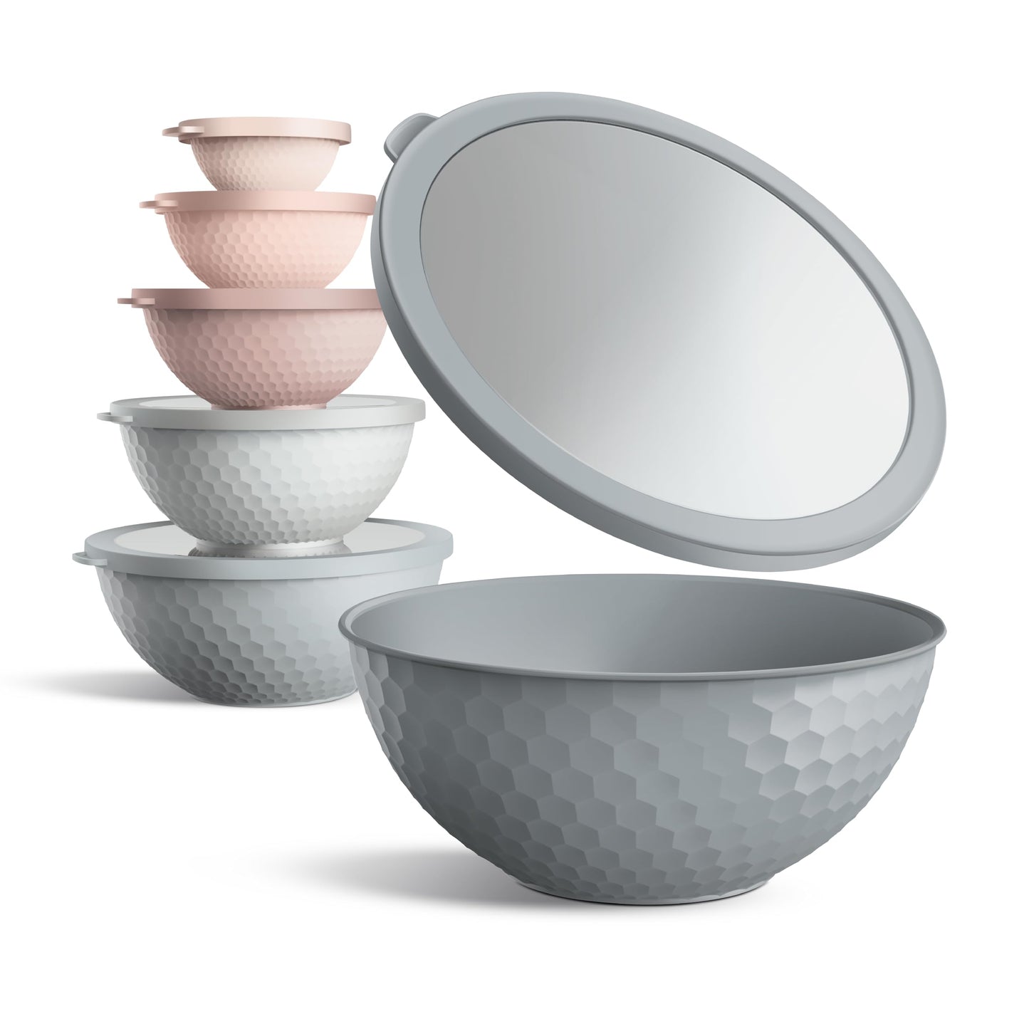 COOK WITH COLOR Mixing Bowls with Lids - 12 Piece Plastic Nesting Bowls Set includes 6 Prep Bowls and 6 Lids, Microwave Safe Mixing Bowl Set, Pink Embossed