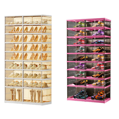 CIMLORD 9 Tier 18-36 PairsFoldable Shoe Rack for Closet Entryway,9-Tier Foldable Shoe Rack for Closet Entryway 18-36Pairs, Stackable Clear Shoe Storage Boxes Organizer with Door Plastic Shoe Cabinet