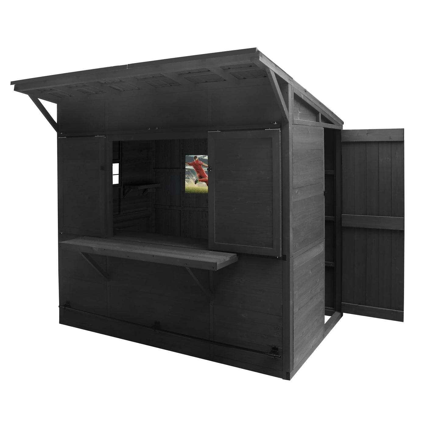 MUPATER 8 x 5 FT Wooden Bar Shed with Metal Roof, Backyard Patio Bar with Slide Front Panels, Outdoor Storage Shed with TV Bracket, Bar Top & Lockable Door, Black