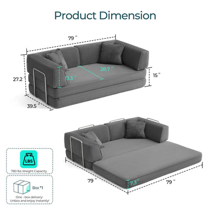 LINSY Home 79" Convertible Sofa Bed, 4-in-1 Corduroy Boneless Couches for Living Room, Folding Queen Size Futon, Floor Mattress Loveseat Sofa Bedroom Apartment Lounge, 2 Pillows, Grey