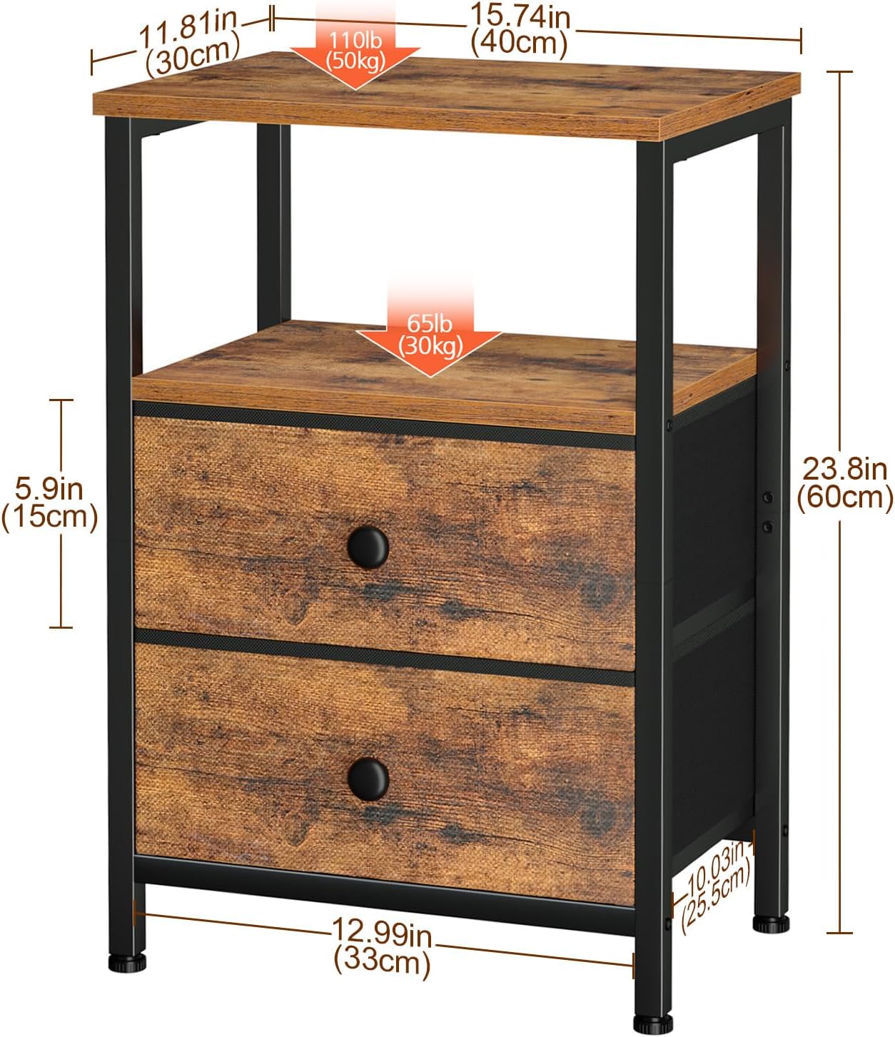 2 HETS002BR-1 LOAKEKEL Night Stand, Nightstand with Fabric Drawers for Bedroom, Small End Table with Open Storage
