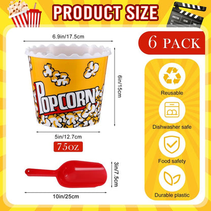 Roshtia 6 Pieces Plastic Popcorn Containers Reusable Buckets 75 oz Popcorn Boxes Bowl with Scoop Retro Style Red Plastic Scoop Set for Movie Theater Night(Classic)