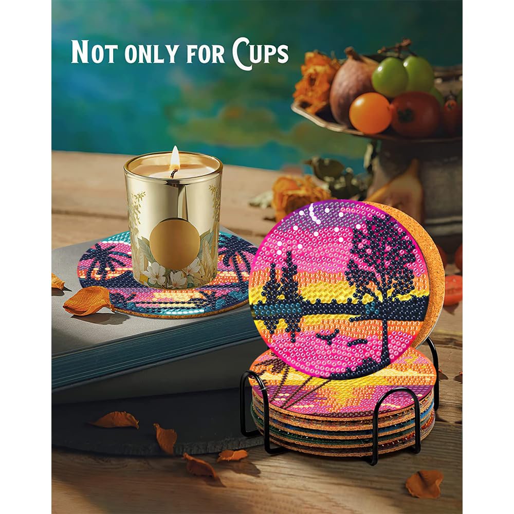 Clendo 8Pcs Diamond Painting Coasters Kits, DIY Landscape Diamond Art Coaster Kits with Holder, Small Diamond Painting Kits for Adults & Kids Art Craft Supplies