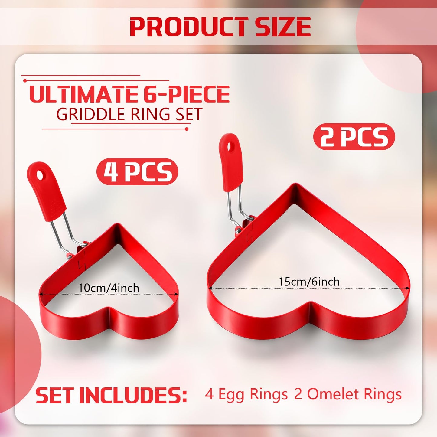 Patelai 6 Pcs Heart Pancake Mold Fried Hearts Shape Fried Egg Ring Set Stainless Steel Pancake Molds with Silicone Handle for Mothers Day Gift Breakfast Omelette Sandwich(Heart Style,4 Inch, 6 Inch)