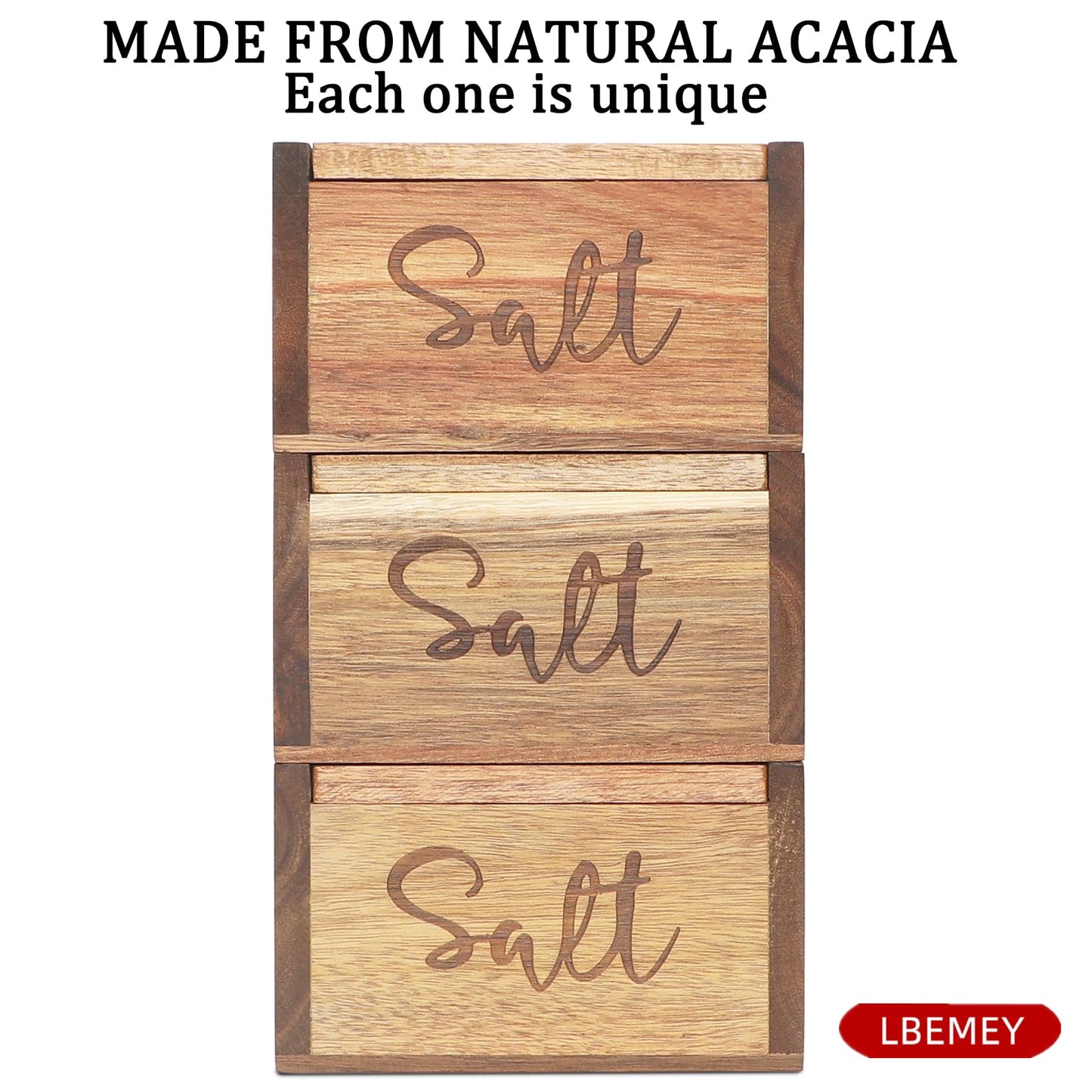 Acacia Wood Spice Box with Lid and Built-in Spoon for Kitchen Countertop, Rectangle Farmhouse Kitchen Decoror for Storing Salt, Peppers, Sugar or Seasonings, Brown (Brown (Labeled - “Salt”))