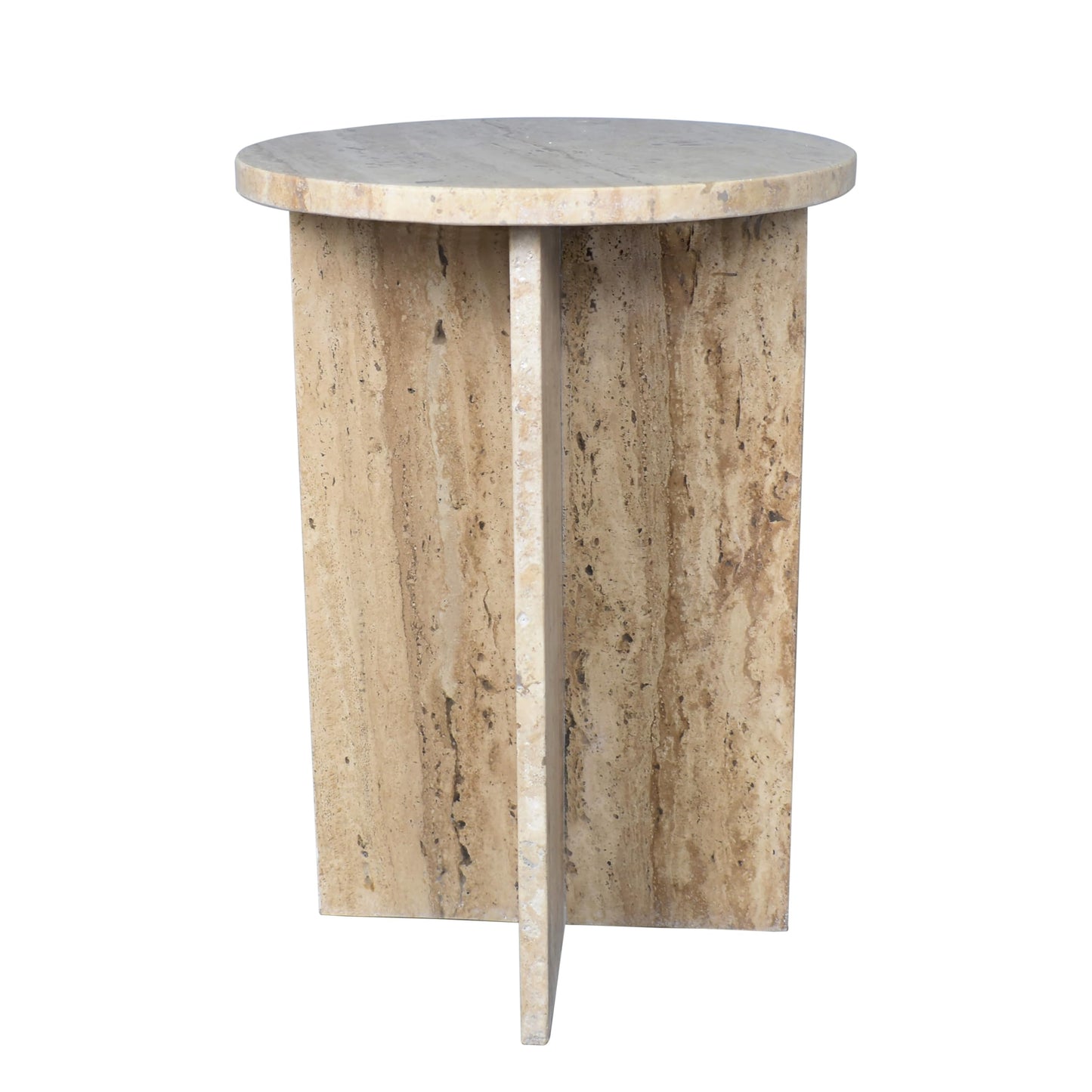 JONATHAN Y Javier Solid Travertine Marble End Table, 14-inch Round Modern Accent Side Table with Geometric Cross Base for Living Room, Bedroom, Glossy Natural Stone, Fully Assembled MTB1103C
