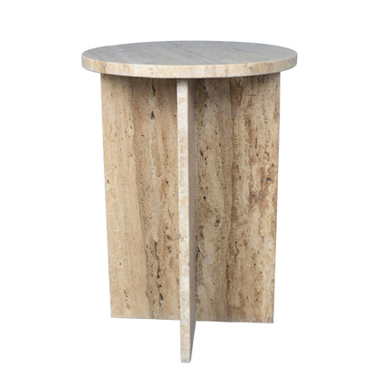 JONATHAN Y Javier Solid Travertine Marble End Table, 14-inch Round Modern Accent Side Table with Geometric Cross Base for Living Room, Bedroom, Glossy Natural Stone, Fully Assembled MTB1103C