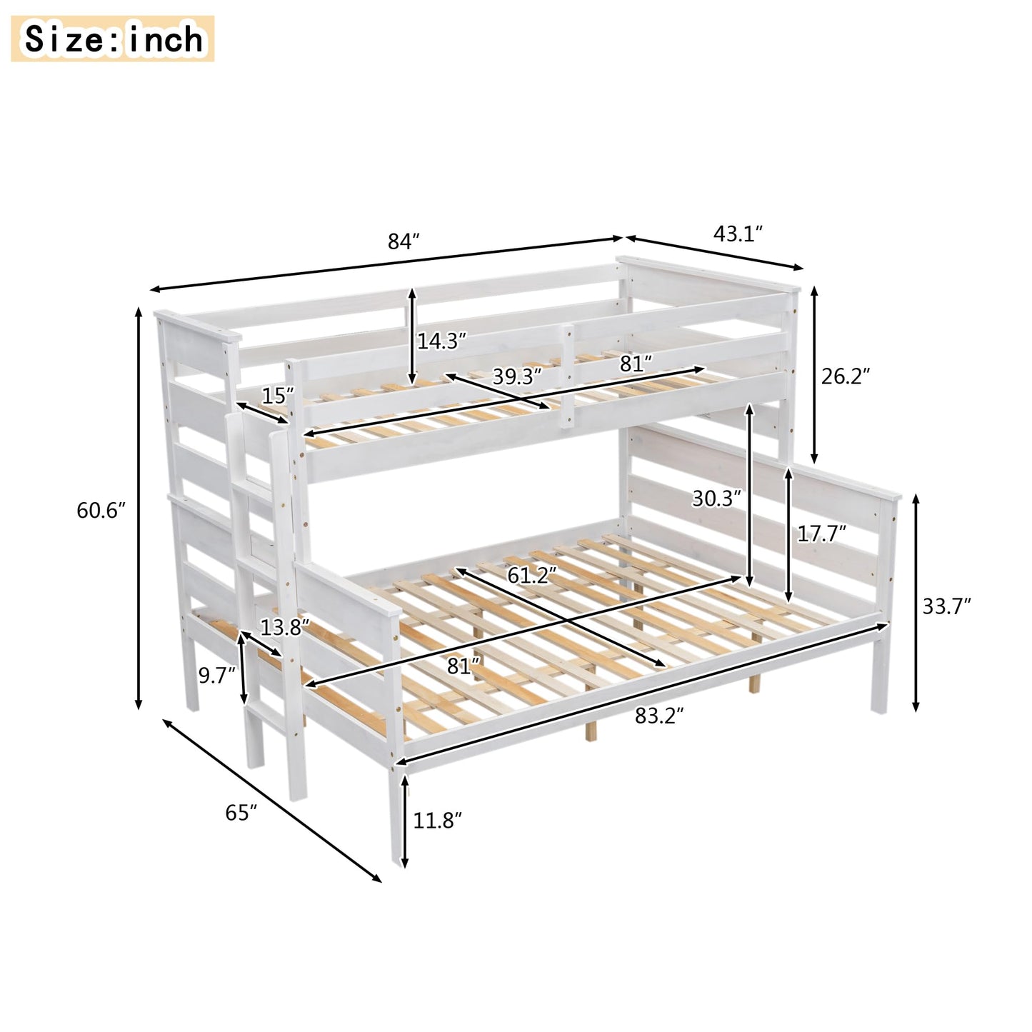 Ball & Cast Bunk Bed Twin XL Over Queen Size,Solid Wood Bed Frame with Guardrails,Ladder,Detachable Bunk Bed for Adults,Teens & Kids,No Box Spring Needed,Space-Saving Design,White