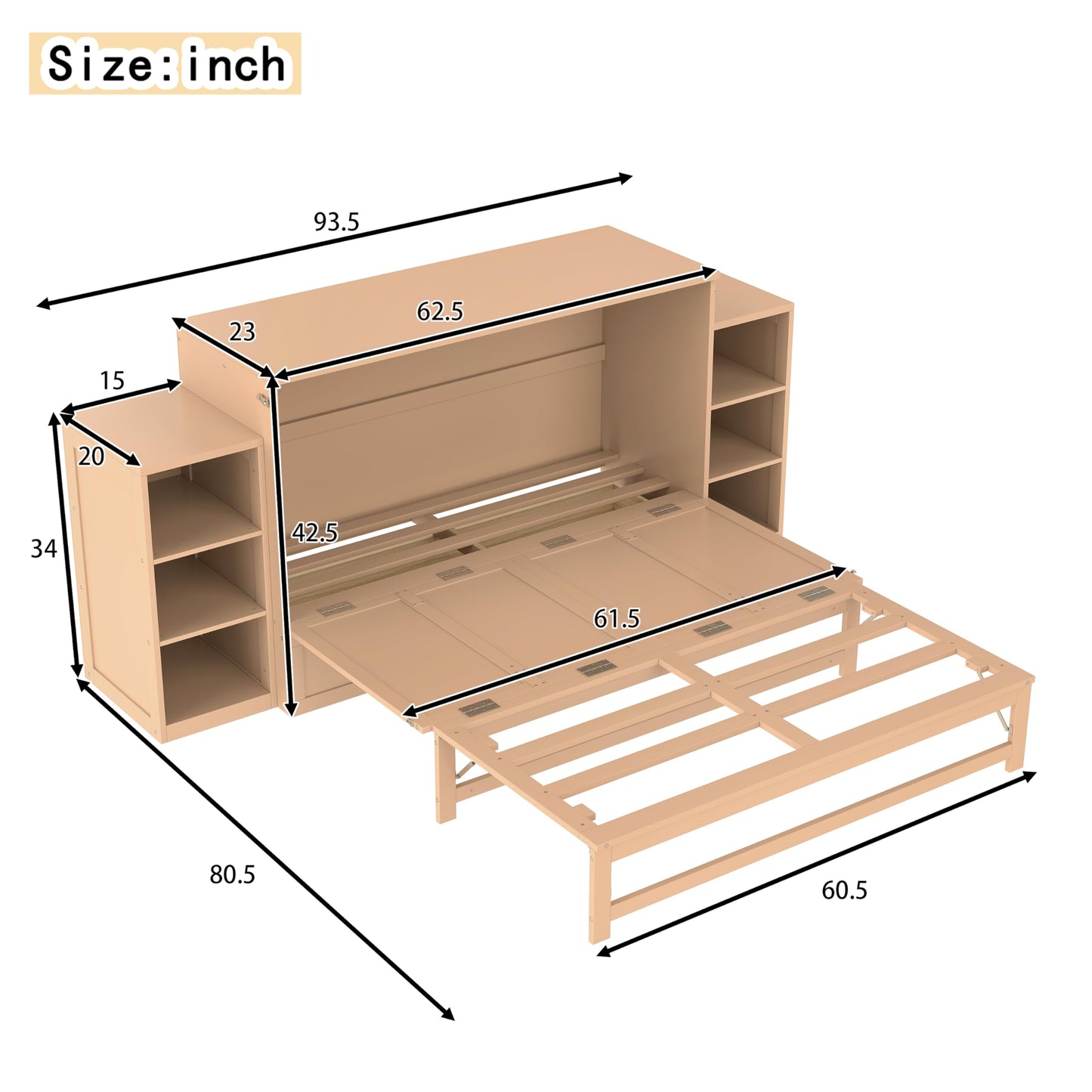 DNYN Pine Wood Murphy Bed Cabinet with Dual Multi-Layers Shelves and 2 Storage Drawers for Guest Room/Home Office, Space-Saving Foldable Bed Frame, No Box Spring Needed