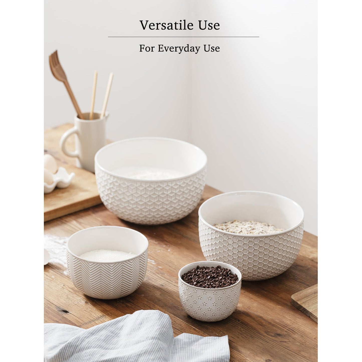 MIKIGEY Ceramic Mixing Bowls, Embossed Nesting Bowls Set of 4, Mixing Bowl Set for Serving, Baking, Cooking and Gift, Microwave and Dishwasher Safe, 20/47/99/148 oz, Off-White