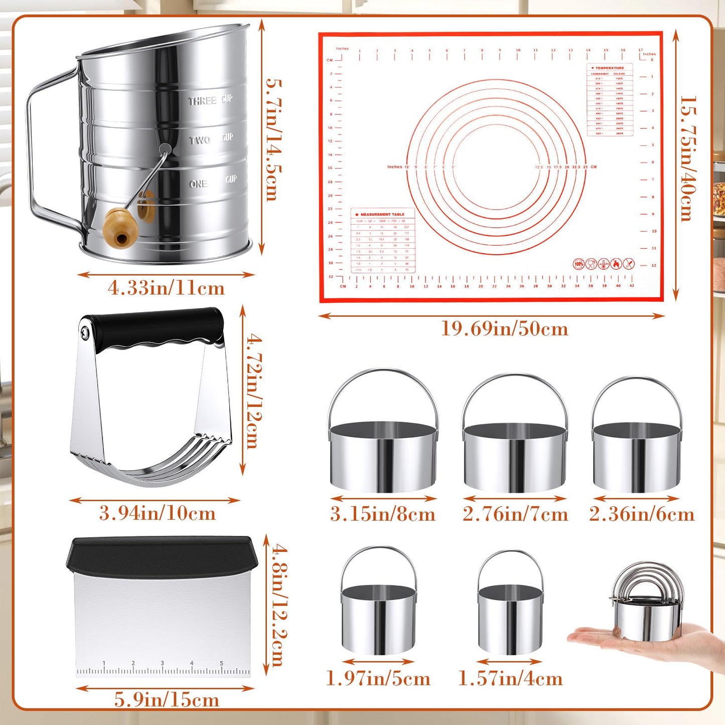 Teecyhooo 10 Pcs Stainless Steel Pastry Biscuit Cutter Set Include 3 Cup Flour Sifter Biscuit Cutter Pastry Scraper Dough Scraper Silicone Baking Mat Fine Mesh Strainer for Cooking Cookies Donuts Cake