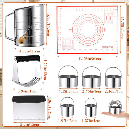 Teecyhooo 10 Pcs Stainless Steel Pastry Biscuit Cutter Set Include 3 Cup Flour Sifter Biscuit Cutter Pastry Scraper Dough Scraper Silicone Baking Mat Fine Mesh Strainer for Cooking Cookies Donuts Cake