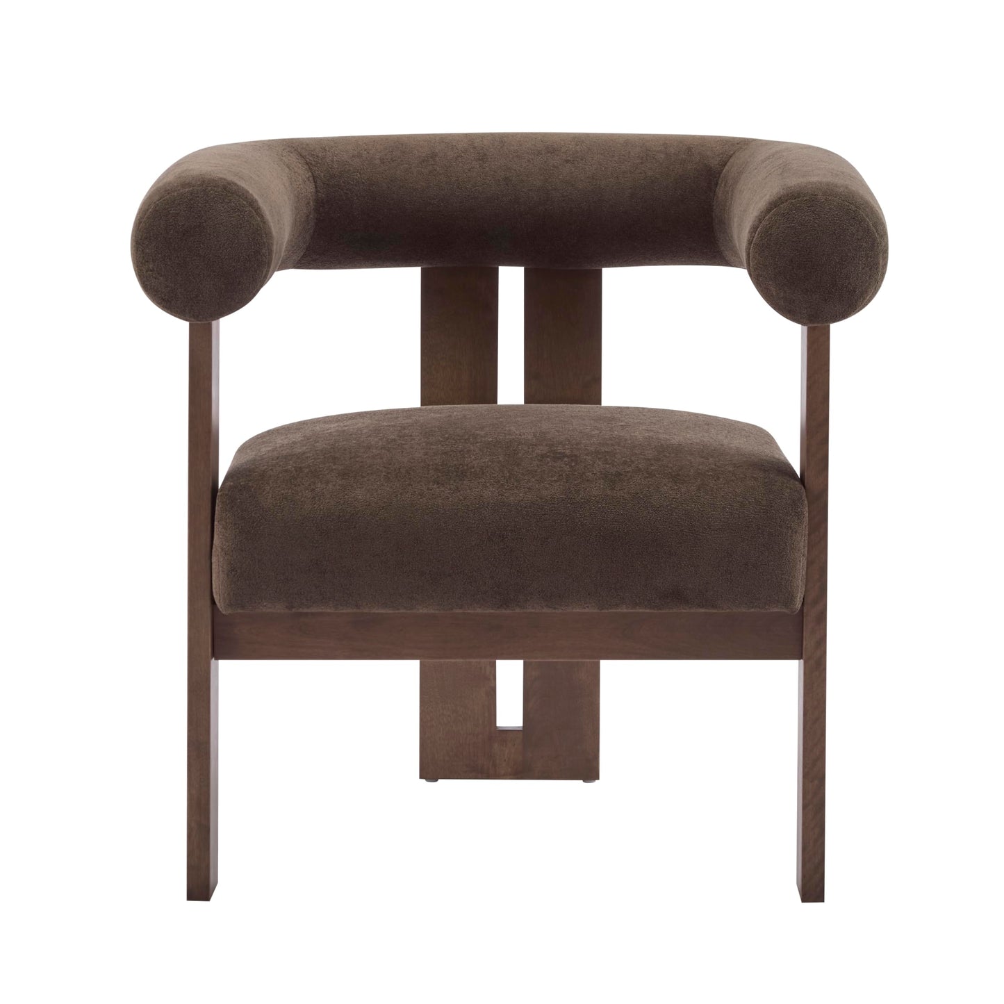 Christopher Knight Home Rones Modern Velvet Upholstered Accent Chair, Wooden Living Room Club Chair with Curved Backrest, Minimalist Bedroom Comfy Reading Chair, Thick Padded Seat, Dark Brown+Walnut