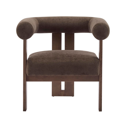 Christopher Knight Home Rones Modern Velvet Upholstered Accent Chair, Wooden Living Room Club Chair with Curved Backrest, Minimalist Bedroom Comfy Reading Chair, Thick Padded Seat, Dark Brown+Walnut