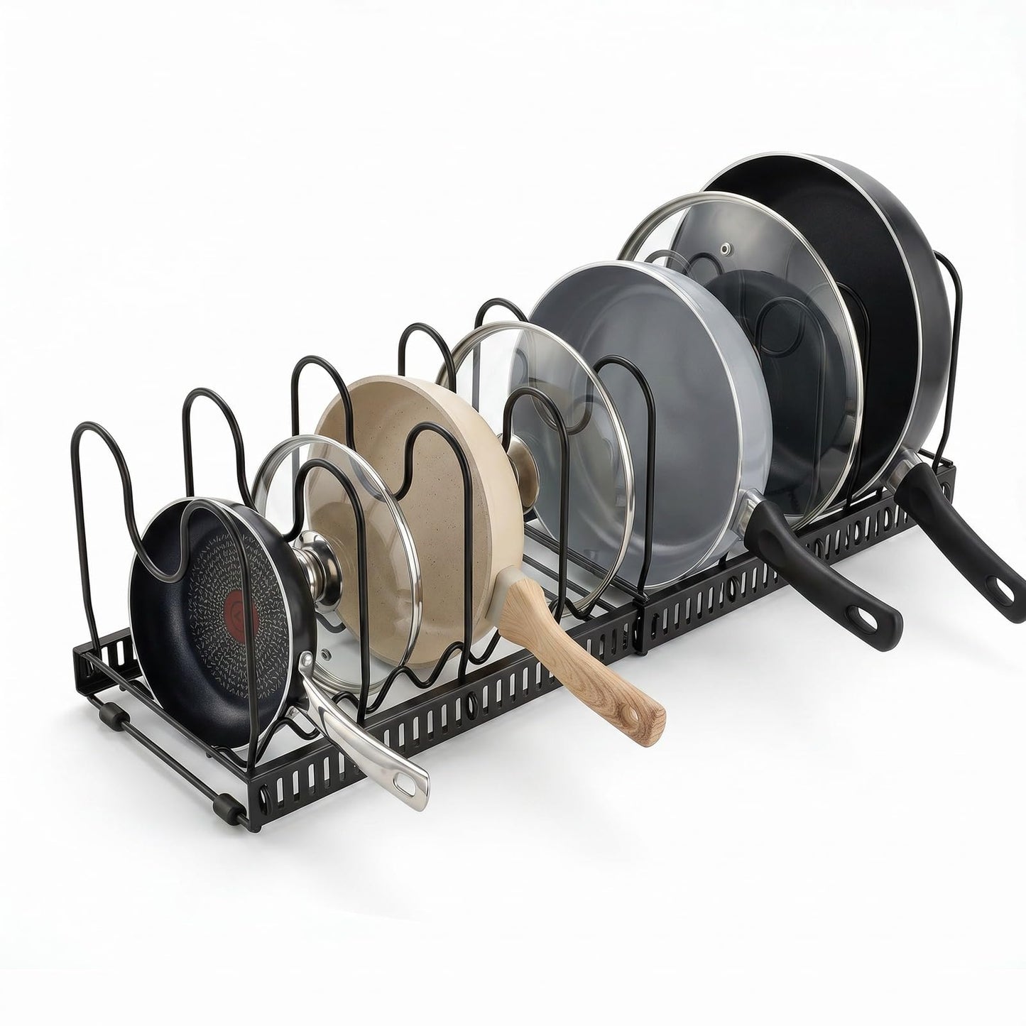 Expandable Pot Rack Organizer for Cabinet, Wave Slot Carbon Steel Pot & Pan Holder with 10 Adjustable Slots, Heavy Duty Cookware Storage for Pans, Lids, Bakeware, Countertop or Under Sink, Black