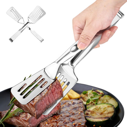 Nezylaf 2-in-1 Spatula Tongs, 11.8 Inch 304 Stainless Steel Kitchen Tongs for 12 Inch Cooking Use, Detachable Metal Tongs with Oil Drain Holes for Grilling Frying Steak