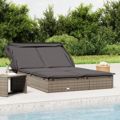 CongVVFV Grey PE Rattan Sunbed with Powder-Coated Steel Frame Double Foldable Adjustable Armrests Weather-Resistant Cushions Modern Outdoor Furniture for Patio Garden Balcony Lounging