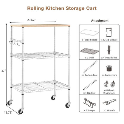 BolDuck 450Lbs Capacity Microwave Cart with Wheels, 3 Tier Rolling Cart with Adjustable Shelves, Multifunctional Metal Utility Storage Kitchen Carts on Wheels, 23.6" L*15.7" W*37" H, Wood+Chrome