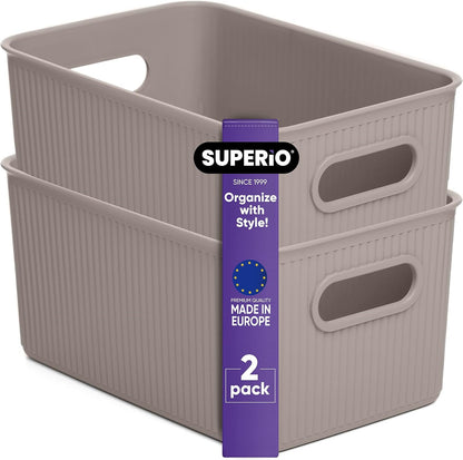 Superio Ribbed Collection - Medium Taupe Decorative Plastic Open Home Storage Bins Organizer Baskets (2 Pack) for