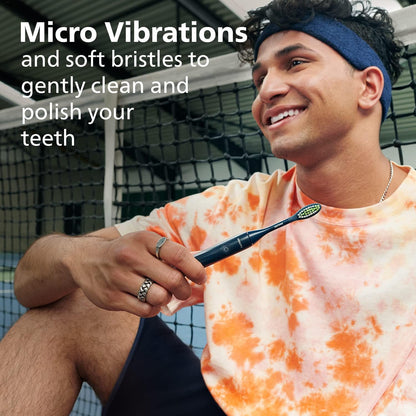 Philips One Electric Toothbrush by Sonicare HY1100/54 - Micro Vibrations, Soft bristles That Gently Polish and whiten teeths, 3 Month Battery Life, 2 Minute Timer and Quadpace Black
