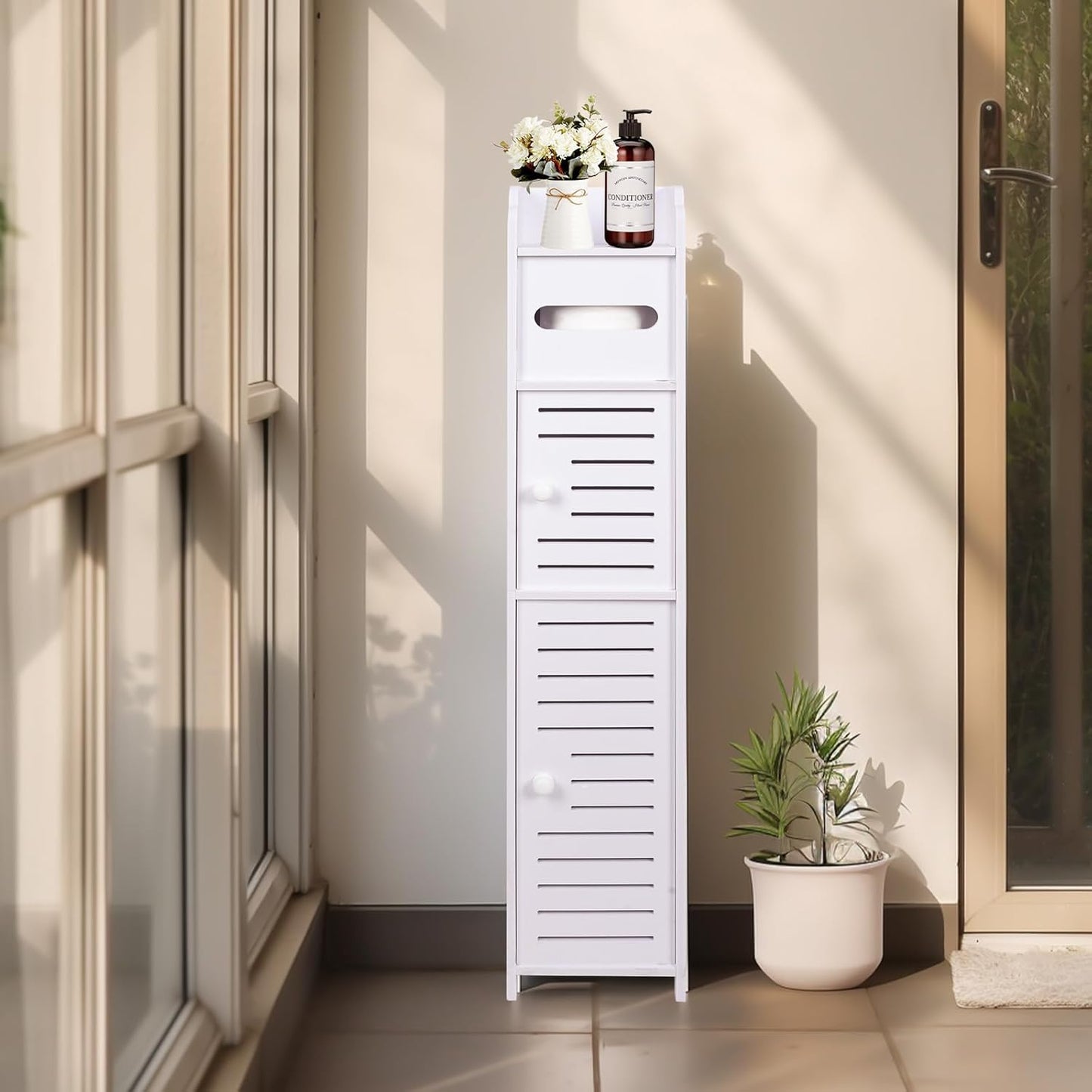 ShellKingdom Toilet Paper Holder Stand, Small Bathroom Storage Cabinet with Doors and Shelves, Slim Storage Cabinet