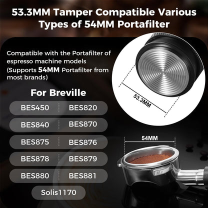 IKAPE 53mm Espresso Tamper, Premium Barista Coffee Calibrated Tamper with Spring Loaded, 100% Stainless Steel Tamper Compatible with 54MM Breville Bottomless Portafilter (Black)