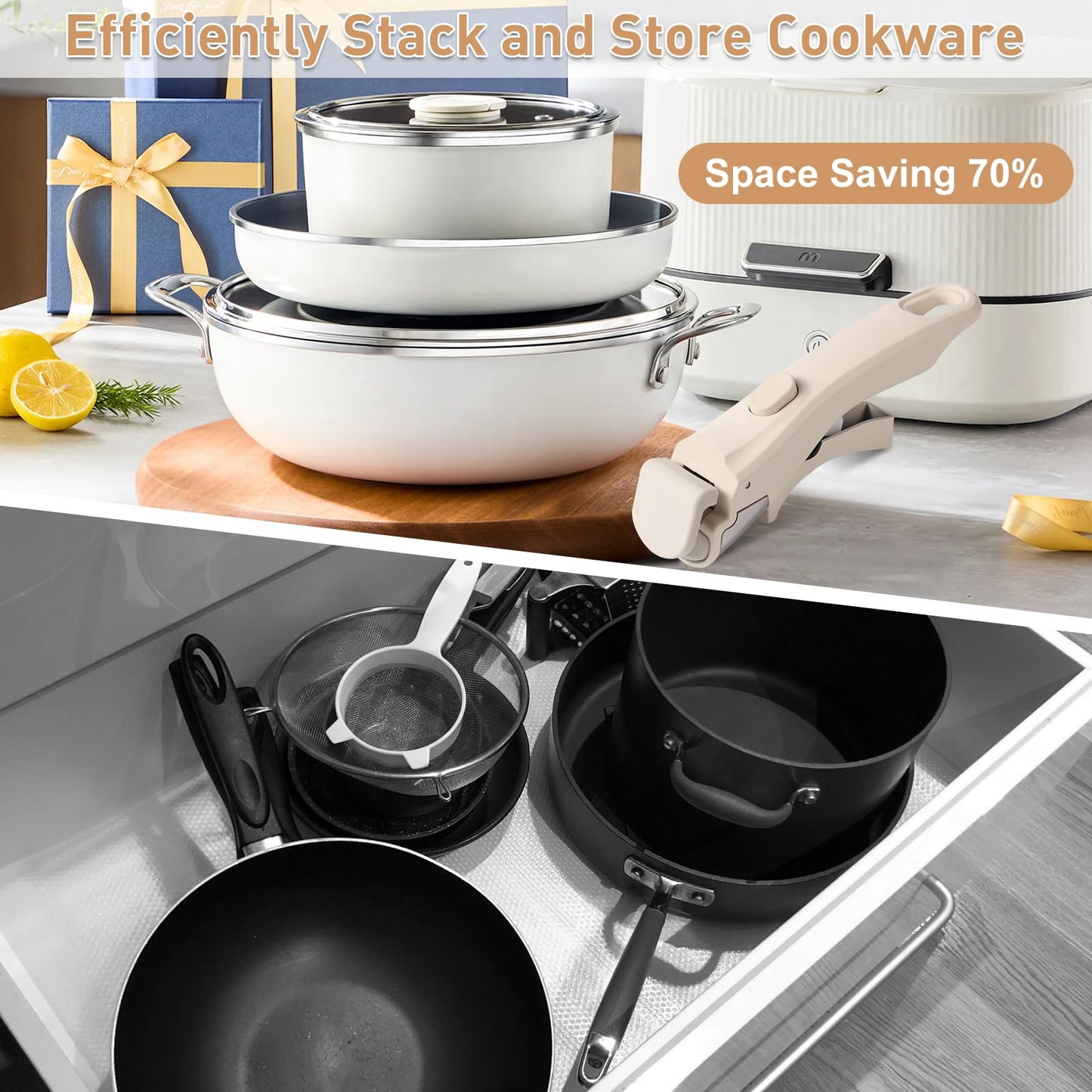 Wayona Removable Handle for Pots and Pans - Universal Detachable Pan Handle Replacement - Heat-Resistant Plastic, Stainless Steel, Silicone - Cream White