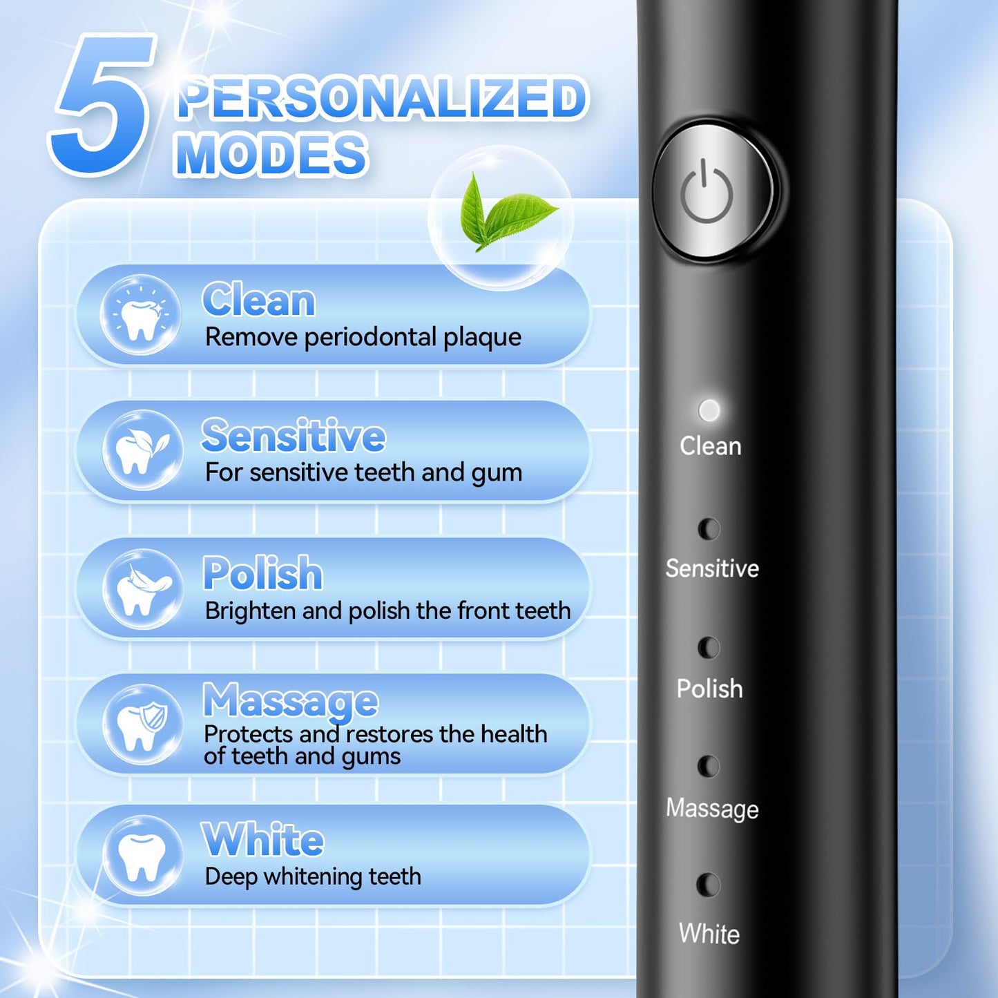 JTF Sonic Electric Toothbrush for Adults: 6 Brush Heads, Travel Bag, Tongue Scraper, 5 Brushing Modes for Teeth, Smart Timer and IPX7 Waterproof, Rechargeable Toothbrush for Deep Cleaning & Whitening