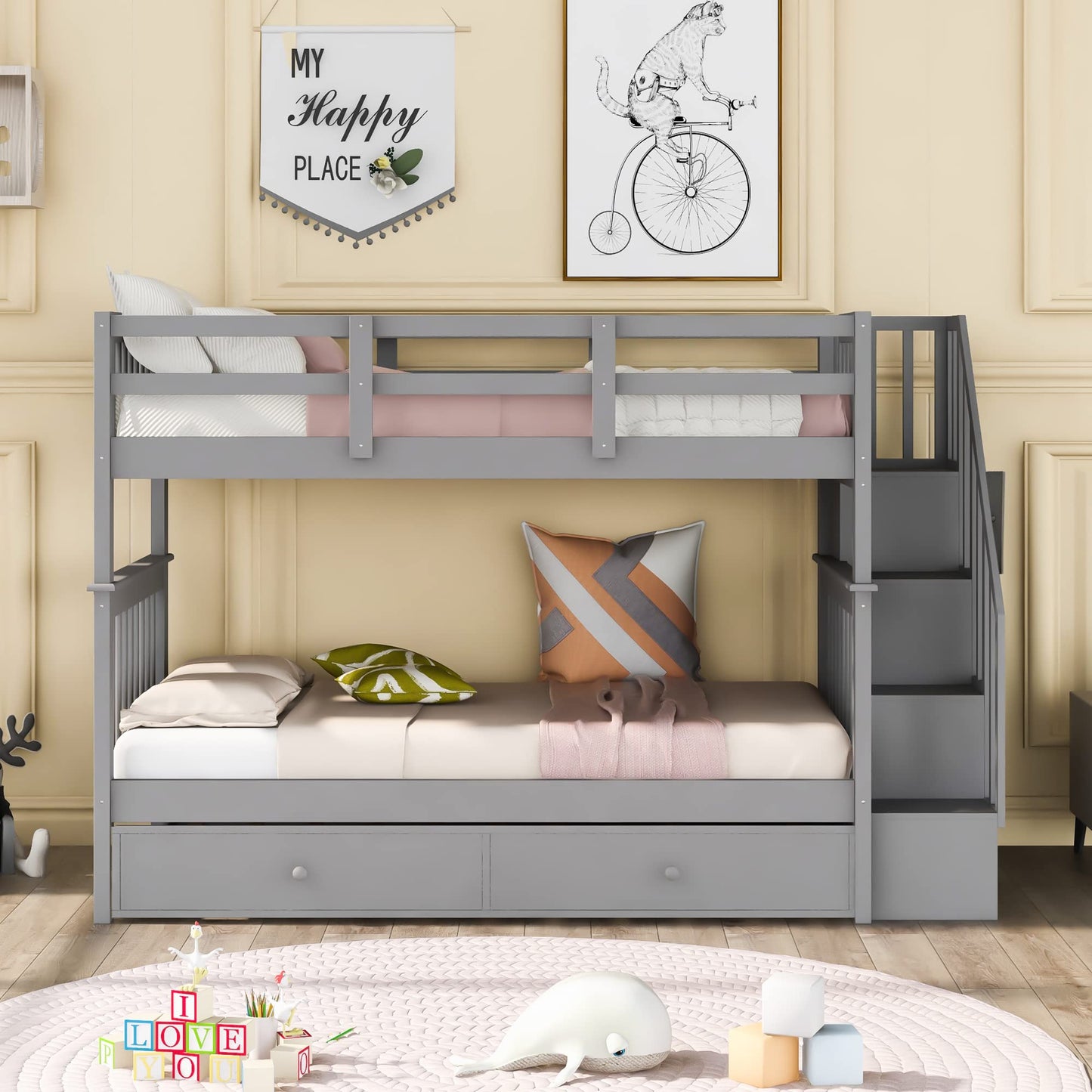Merax Twin-Over-Twin Bunk Bed with Twin Size Trundle, Soild Wood Stairway Bunk Bed with Storage and Guard Rail for Teens, Adults, Gray